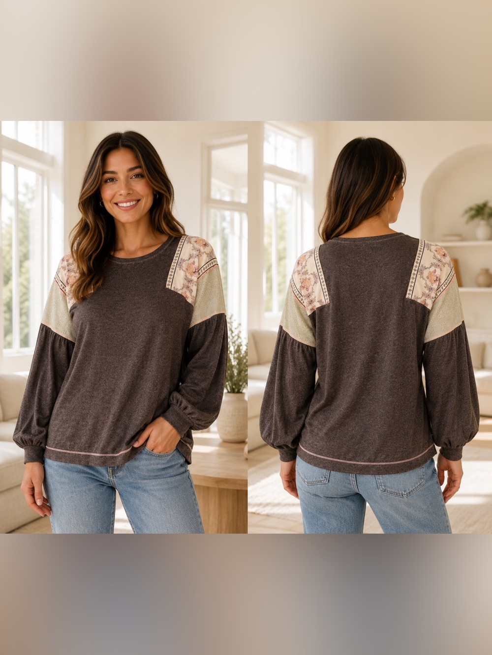 In loom Brown Patchwork Floral Shoulder Sweatshirt Size small GUC